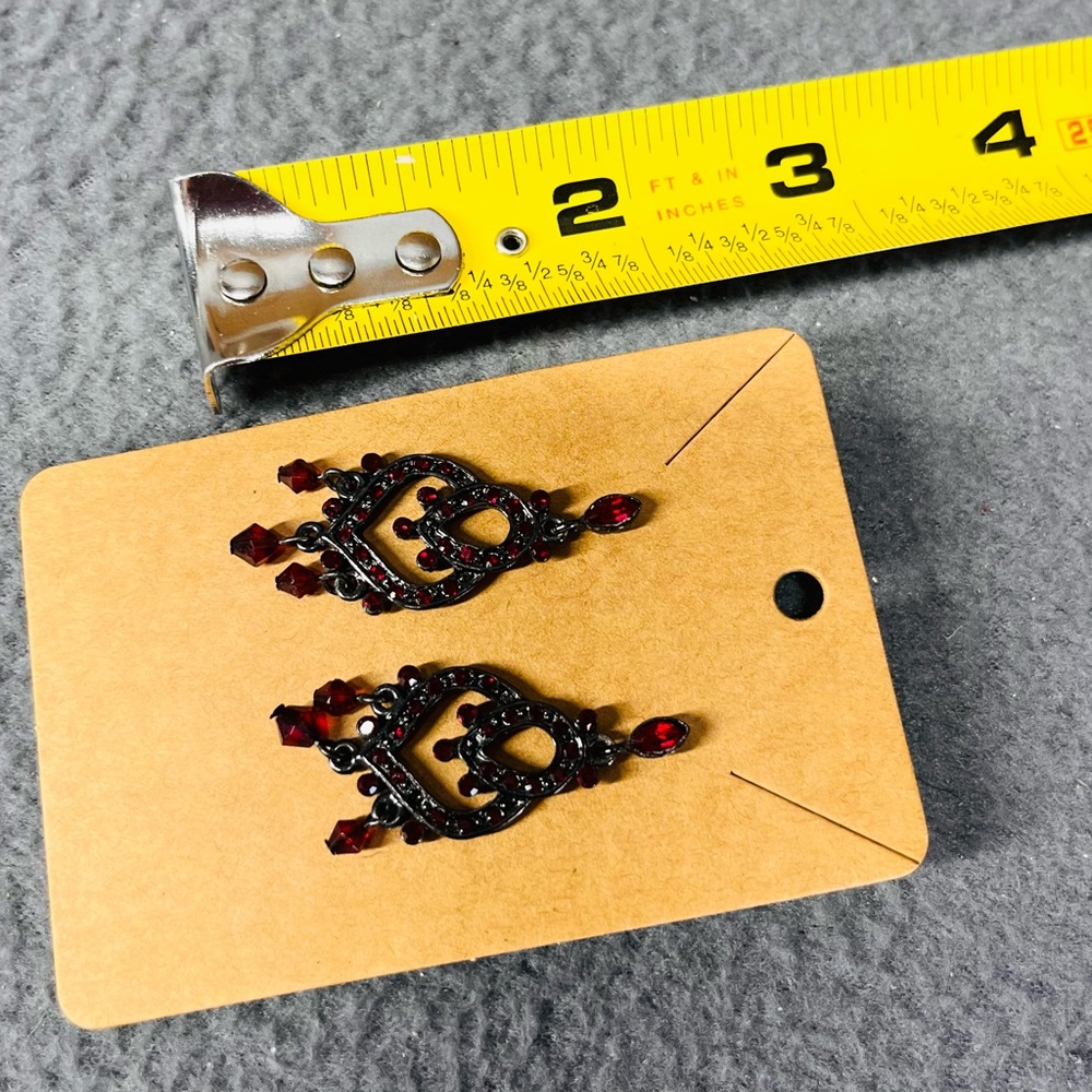 Red Rhinestone Heart Drop Earrings - Picture 4 of 5